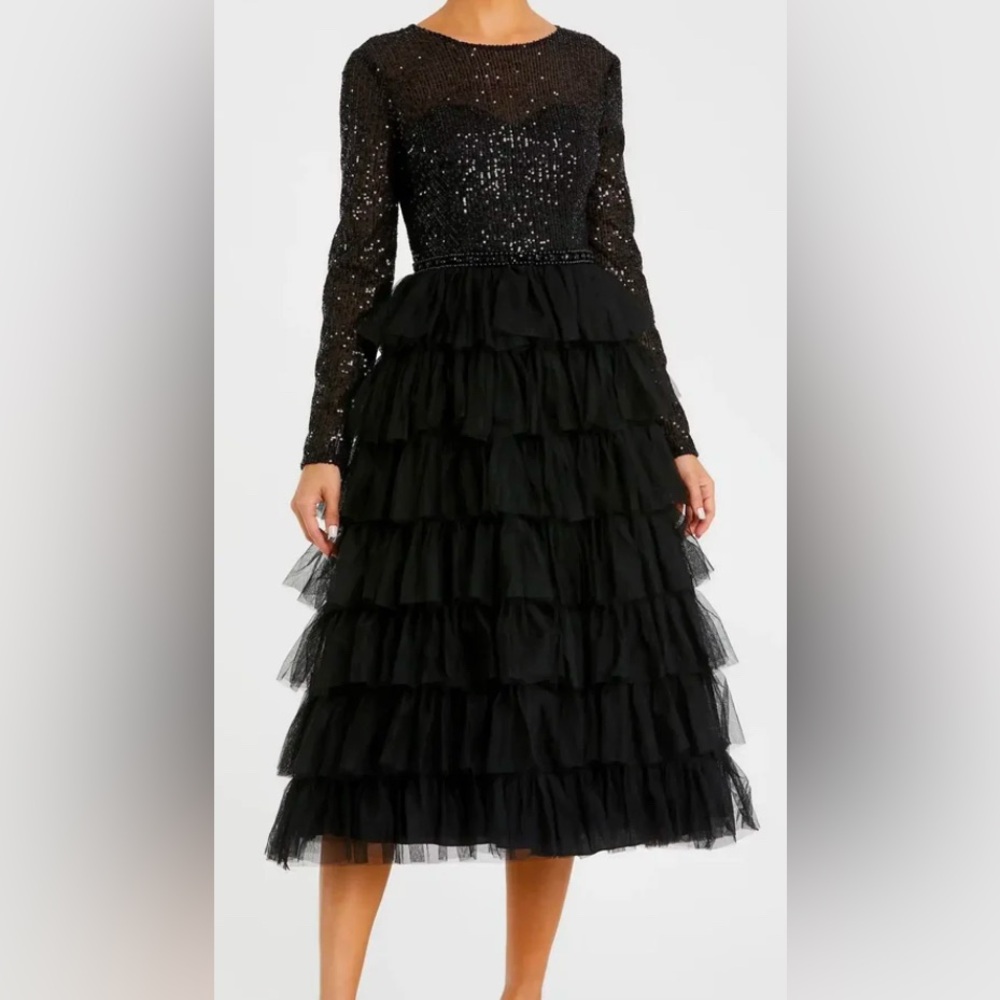 Mac Duggal Black Sequin Tiered Long Sleeve Dress